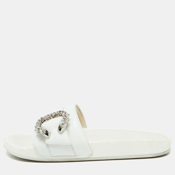 Jimmy Choo White Leather Crystal Embellished Flat Slides Size 41,New Products : American Fashion Style Bags On Sale